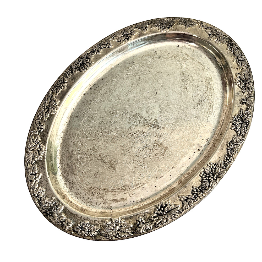 Silver Plate Oval Tray Platter 15" x 12" Godinger Silver Art Co Floral Border